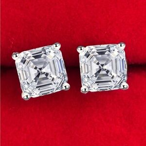 NEW WHITE GOLD SQUARE CUSHION CRYSTAL STUD EARRINGS